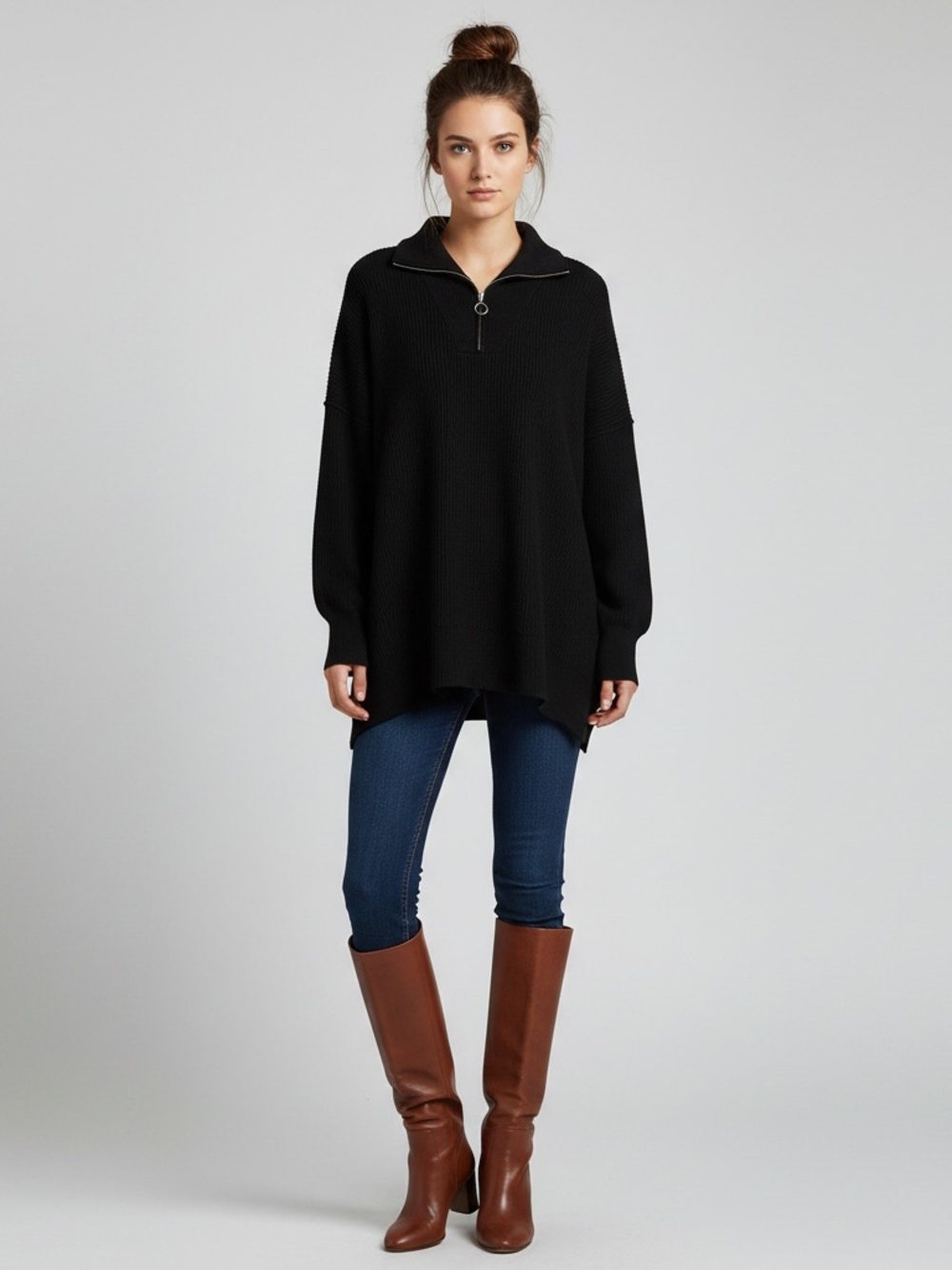 Lillusory | Black slouchy oversized 1/4 zip knit sweater size extra large